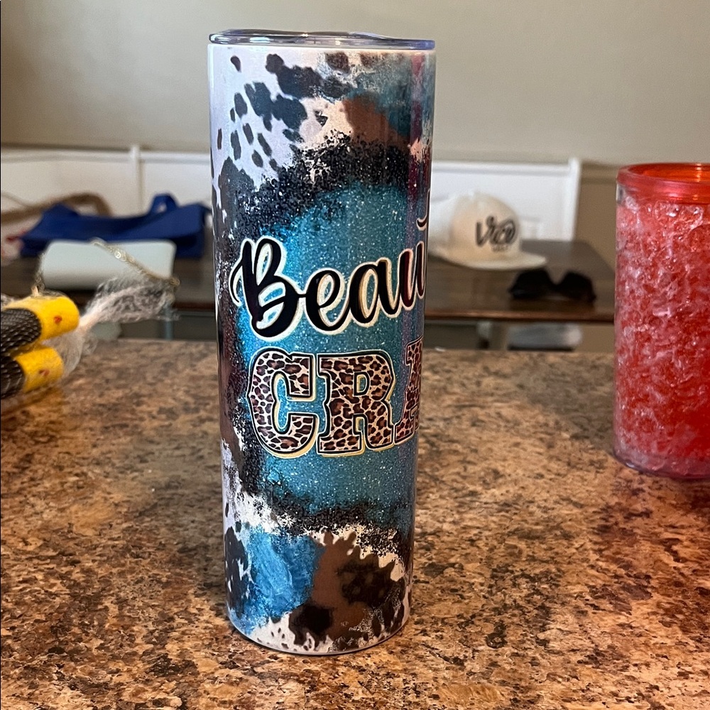 Cow Print Tumbler with Blue and Leopard Accents